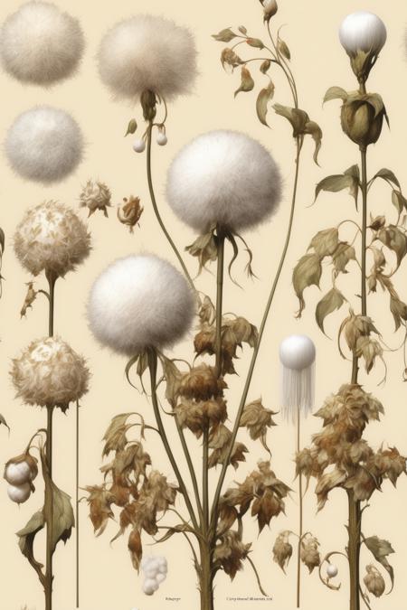 <lora:Century Botanical Illustration:1>Century Botanical Illustration - Full page. Fantasy plant boards. White background. [Concept Art by Alan lee and Leonid Koliagin and Simon Kopp.] Extra Long Shot! The antique [furry white flower hybrid cotton ball] is printed on a page of ivory coated paper, and the exquisitely embroidered [furry, slender and graceful, crystal clear] is vivid in shape, changeable in color, and contains starlight. Fantasy plants in Art Nouveau style. High-Quality, Hyper Detailed, Intricate Surface Detail, volumetric lighting, saturated contrast, Particle effects, [octane rendering, unreal engine, CryEngine ], 4K, 8K,