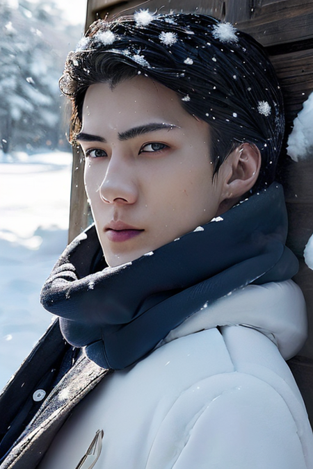 1boy,(close-up:1.4),(winter ,snowy:1.2),(RAW photo:1.2), (photorealistic:1.4),(masterpiece:1.3),(best quality,1boy:1.4), dreamlike, (detailed eyes),(detailed facial features), (detailed clothes features) solo, cute,closed mouth, (medium breasts), black hair, black eyes, crystal pendant, Long blue scarf,White long wool coat,Black thick pantyhose,Brown snow boots,(detailed face), grunge,(high detailed skin:1.2),soft lighting, high quality,