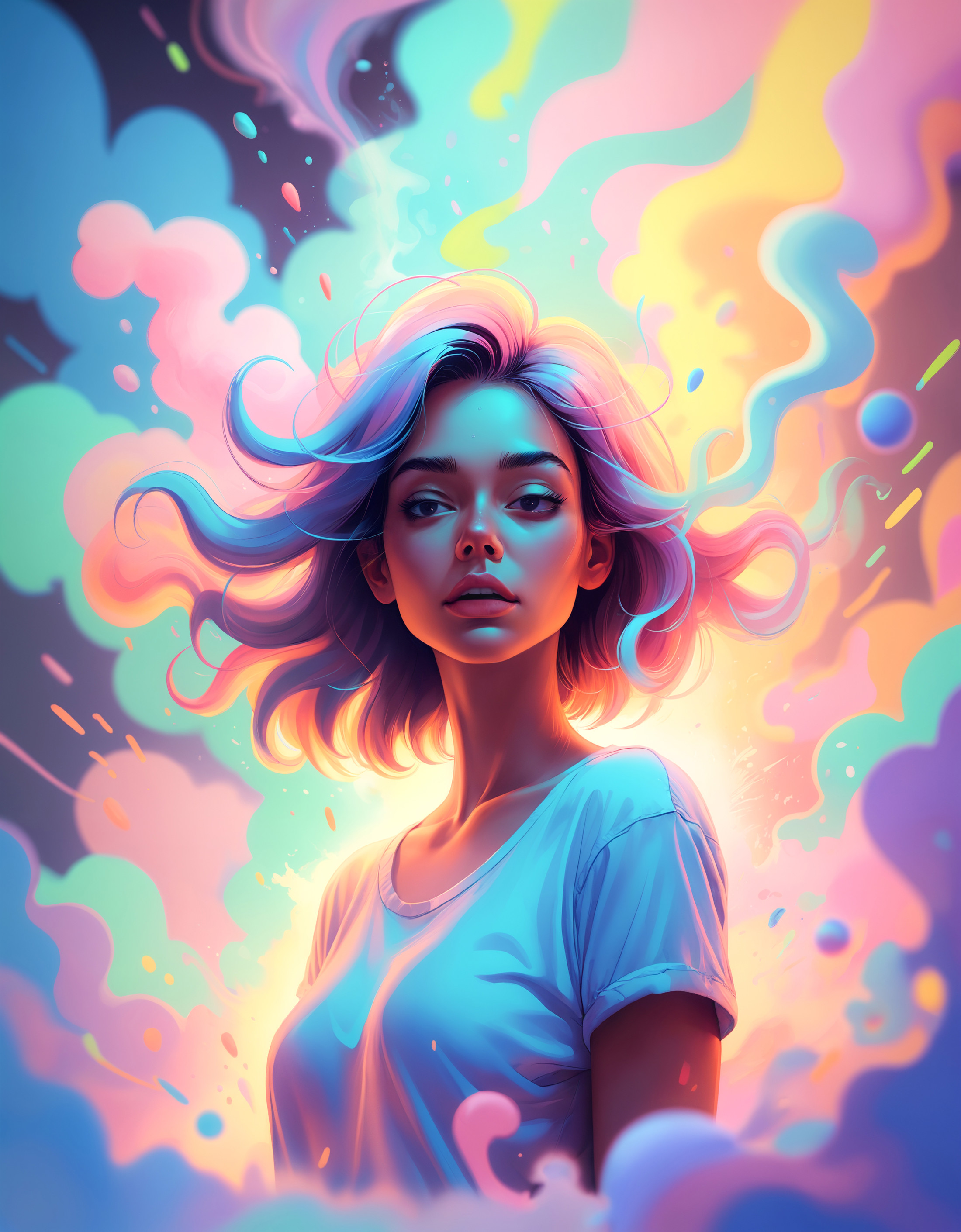 soft pastel colors, cartoon style illustration of a woman as she sees the world while experiencing hallucinations, stoned,...