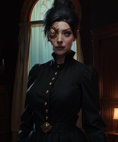 donna,black hair,hair bun,
black dress,eye tumor,right eye injury,serious,
standing,upper body,
mansion,dim lighting,
(insanely detailed, masterpiece, best quality),solo,<lora:donnabeneviento:0.9>,