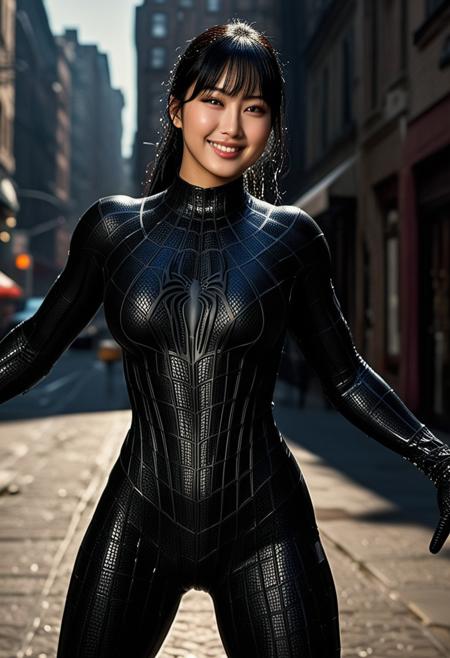 score_9, score_8_up, score_7_up, best quality, realistic, masterpiece, beautiful detail, hyperrealistic, cafe, ((1girl, woman body, huge breasts)), amazing detailed full body portrait of a beautiful japanese girl, wearing a realistic and highly detailed black raimi spider-man suit, ((huge muscular girl)), professional model wears ultra - detailed black raimi spider - man suit, ultra - detailed and grained black raimi spiderman suit, suit covered entire body and hand, black spiderman gloves, wet, (F Cup breasts), (dancing pose), smile, black hair, octane render, highly detailed, volumetric, dramatic lighting, (highest quality:1.1), (HDR:1.3), (top quality, best quality), realistic, high definition, Expressionism - sharp focus, professional photography, masterpiece, ultra detailed photograph, high quality, 8k,