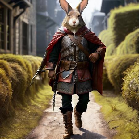 highly detailed document photo of a (harengon:1.1) walking in outdoors on a hillside,

solo, gloves, rabbit ears, white fur, weapon, belt, sword, scarf, cape, armor, blurry, blurry background, shoulder armor, pauldrons, red scarf, red cape, weapon on back, chainmail,
facing viewer, looking at viewer,

realistic:1.3, depth of field, blurry, blurry background,

in the countryside,

photorealistic,
ultra photoreal,
32k, fantasy, 
natural light,






