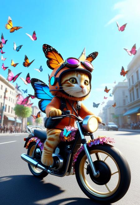 butterflyStyle, (made of Countless butterfly:1.4), from side, closeup cute small motorcycle made of Countless butterfly, cat driving, (wear round goggles:1.2), wear animal ears helmet, run through on city street, blue sky, cinematic, cinematic lighting, (masterpiece, best quality:1.4), ultra-high res, 4k, Photorealistic, insanely detailed, sfw,
