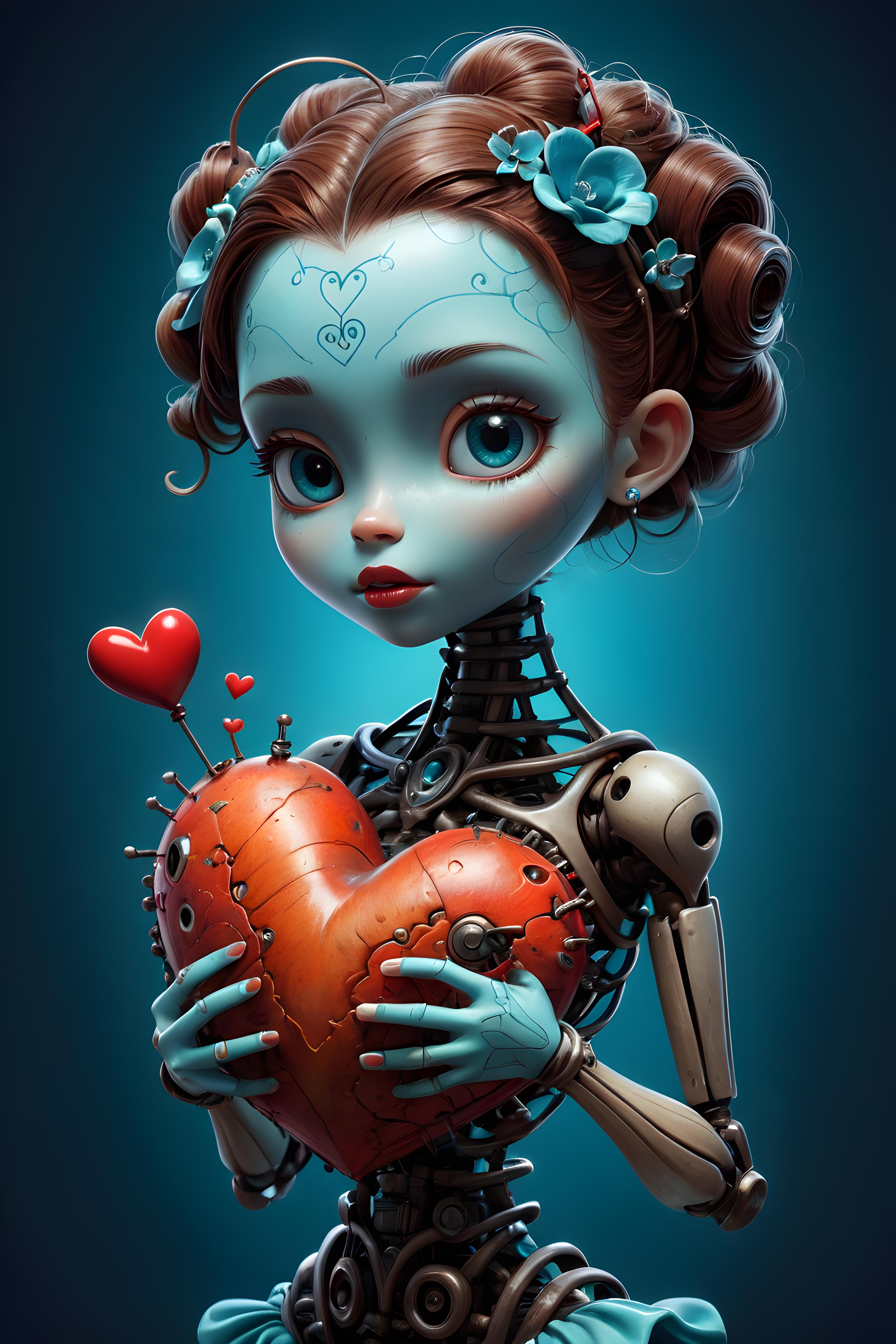 A beautifully crafted illustration of a blue-skinned robot girl holding a heart.