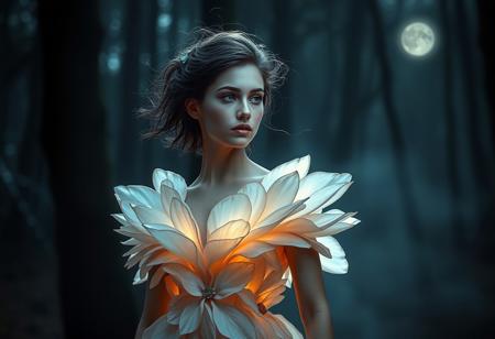 A young woman in a sculptural gown made of iridescent, translucent petals that radiate soft light. Her hair is styled with flowing organic tendrils, and she stands in a dark, misty forest. Subtle beams of moonlight break through the mist, casting gentle highlights on her serene expression.