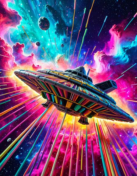 a spaceship made of straws, flying through a colorful nebula, dynamic angle, space fantasy, (vivid colors:1.3), (high detail:1.2), (cinematic lighting:1.2), (4k concept art:1.1)
<lora:SDXL\made_of_straws.safetensors:1.0>