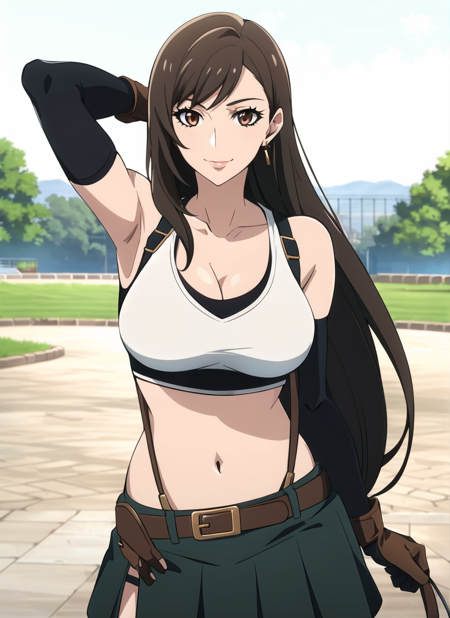 <lora:nier_anime_style_offset:1> nier anime style, tifa lockhart, 1girl, thick lips, arm up, armpits, artist name, belt, black hair, breasts, brown eyes, cleavage, closed mouth, collarbone, cowboy shot, crop top, earrings, elbow gloves, elbow pads, gloves, jewelry, large breasts, lips, long hair, low-tied long hair, midriff, navel, outdoors, skirt, smile, solo, stomach, suspenders, tank top, upper body, ((masterpiece))  <lora:tifa_lockhart_offset:0.6>