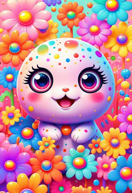 Vibrant kawaii flower with a round face and big eyes, exuding cuteness, surrounded by an explosion of pastel colors in a rainbow spectrum. The petals are stylized as playful sticker elements, clean vector art design with flat color palette. Each petal has a different hue contributing to the rainbow effect, giving off a whimsical and joyful vibe. Soft shadows for depth, high detail in textures, and bright, saturated colors dominate the composition. The overall style is reminiscent of Sanrio characters with a touch of Yayoi Kusama's dots obsession. Artstation quality vector illustration.