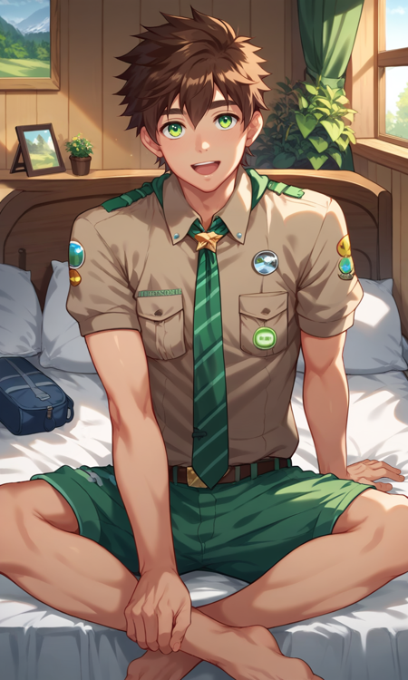Keitaro slim brown shirt green shorts necktie