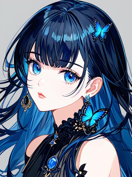 <lora:dan_1w:0.7>,solo, 1girl, aesthetic, portrait, simple background, grey background, eye focus, looking at viewer, parted lips, blue eyes, eyelashes, blue hair, multicolored hair, black hair, long hair, bangs, blue nails, nail polish, earrings, sideways, blue gemstone, orb, blue butterfly