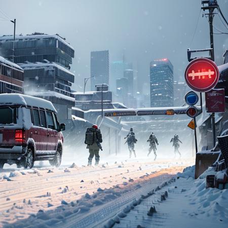 ((battle, fight, snowing, snow)), semi-realistic, bochen, guweiz, masterpiece, highres, highly detailed, (Post-apoc, postapoc_character, postapoc_scenery) ruined_cityscape, cityscape, overgrown, dark, cloudy, hazmat, hazmat_suit, 1boy, holding weapon, assault rifle, hood, gloves, armor, sign, road, distant_character <lora:ApocalypseEngine2:0.8>