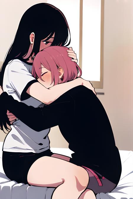 , best quality, absurdres, highres,  (2girls), (yuri),  pink_hair, black_shorts, blush, black_hair, closed_eyes, covered_mouth, facing_another, grey_eyes, gym_shorts, hair_between_eyes, hug, knees_up, long_hair, long_sleeves, looking_ahead,  print_shirt,raised_eyebrows, shirt, shorts, sidelocks, simple_background, sitting, straight_hair, thighs, white_shirt, bed, bedroom, indoors