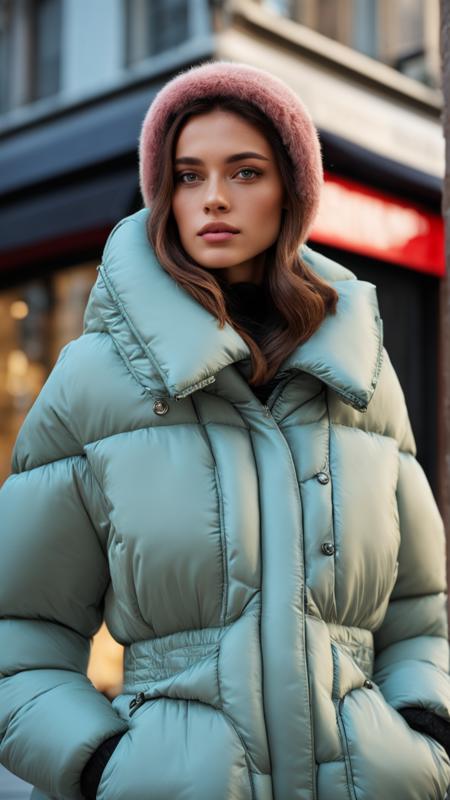 1girl, down Jacket, puff, fashionable style, Streets of Paris, Beautiful woman, microsomia, Walk the streets, Fine facial details, Futuristic design, A cinematic shot, octane render, Large aperture, Exquisite facial features, close-up, beautiful studio soft light, rim light, vibrant details, hyperrealistic, elegant, beautiful background, 8k, best quality