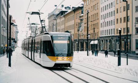 Professional photography, film grain, 38 mm, kodak photo, crisp, clear, shallow depth of image, backlit, minimalistic, wide shot of the luxurious downtown of oslo, snowy, tram, straight forward