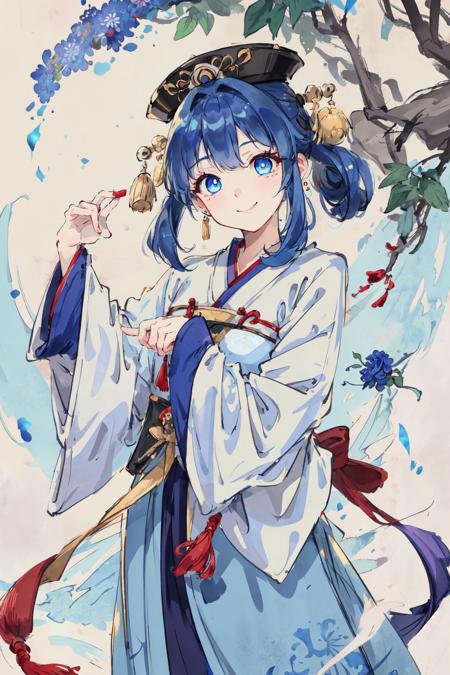 ru_qun, hanfu, best quality, masterpiece, extremely detailed, anime, 1girl, short girl, (blue hair, blue eyes:1.4), long hair, smile, tulle clothes, silk clothes, embroidery accessory, chinese knots, happy, smile, closed mouth, blue flower vines, gems, gold accessory,  <lora:Hanfu Ruqun:0.7>