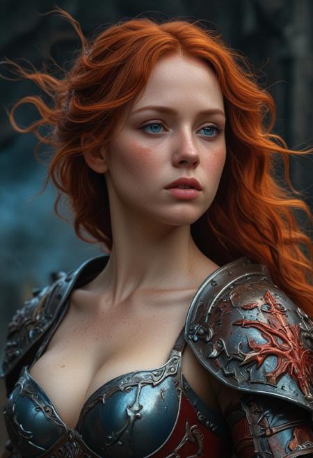 High resolution ultra-realistic of Beautiful Warrior girl, Fantasy style, 8k, capturing the intensity of the moment, dramatic lighting, standing on a bloody and stormy battlefield in a fighting pose, fire, intricately designed shining iron armor, red mini skirt, perfect athletic figure, beautiful Warrior girl, fire, dirty face, ultra realistic, cinematic style, athletic figure, Firm sinewy female body, dark fantasy, covered in dirty and blood, cinematic colors Lighting, extremely detailed, 8K, wavy red hair, realistic dirty bloody pale face, realistic blue eyes, beautiful Warrior girl on in cool iron armor, hyper-detailed, hyper-realistic, bright colours, Attractive 21 old years girl, Attractive, beautiful firm Breasts, sharp focus, digital painting, Photograph Taken on Nikon D750, Alphonse Mucha, 8K, athletic figure, Hyperdetailed, hyperrealism, Attractive, Attractive bust girl, asymmetric balance