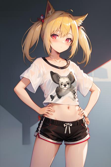 sora,upper body,animal_ears,blush,t-shirt,short shorts, hands on hips,facing viewer,