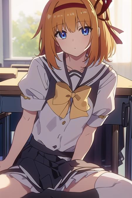 kaedefuyou, <lora:kaedefuyoutest:1>,
kaede fuyou, short hair, orange hair, hair ribbon, hairband, blue eyes,
BREAK skirt, bow, ribbon, school uniform, short sleeves, pleated skirt, serafuku, socks, puffy sleeves, bowtie, puffy short sleeves, black socks, yellow bow, yellow bowtie,
BREAK looking at viewer,
BREAK indoors, classroom, 
BREAK <lora:GoodHands-vanilla:1>, (masterpiece:1.2), best quality, high resolution, unity 8k wallpaper, (illustration:0.8), (beautiful detailed eyes:1.6), extremely detailed face, perfect lighting, extremely detailed CG, (perfect hands, perfect anatomy),