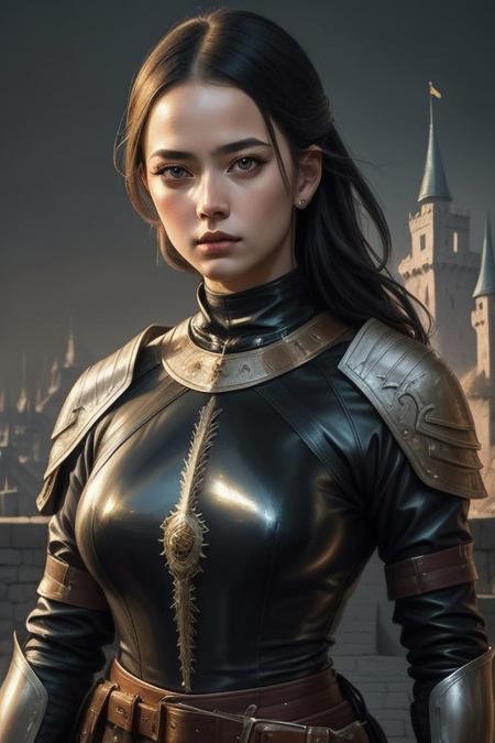 (((sfw))) photo of extremely sexy (3mwatson2010:0.99), a woman as a sexy warrior wearing medieval armor, (closeup portrait:1.2), modelshoot style, (extremely detailed CG unity 8k wallpaper), photo of the most beautiful artwork in the world, professional majestic oil painting by Ed Blinkey, Atey Ghailan, Studio Ghibli, by Jeremy Mann, Greg Manchess, Antonio Moro, trending on ArtStation, trending on CGSociety, Intricate, High Detail, Sharp focus, dramatic, photorealistic painting art by midjourney and greg rutkowski, (tight full leather armor:1.2), (long trousers:1.1), (turtleneck jerkin), ((dark castle in background)), (looking at viewer:1.2), (detailed pupils:1.3), (daggers)