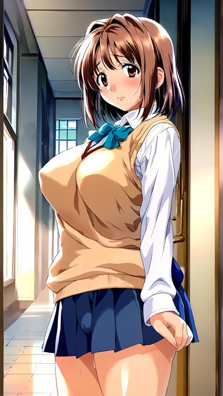 kawai rie, brown eyes, brown hair, short hair, hair intakes, bangs, large breasts blazer, blue jacket, bow, bowtie, green bowtie, jacket, loafers, long sleeves, loose socks, pleated skirt, school bag, school uniform, shirt long sleeves, pleated skirt, school uniform, sweater vest