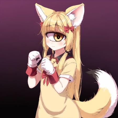 <lora:cyclops_retro_ham_avas_jun_rifl-08-02:1>,

cyclop, 

1girl, elbow gloves, fox ears, fox tail, gloves, hair ribbon, long hair, ribbon, tail, yellow eyes