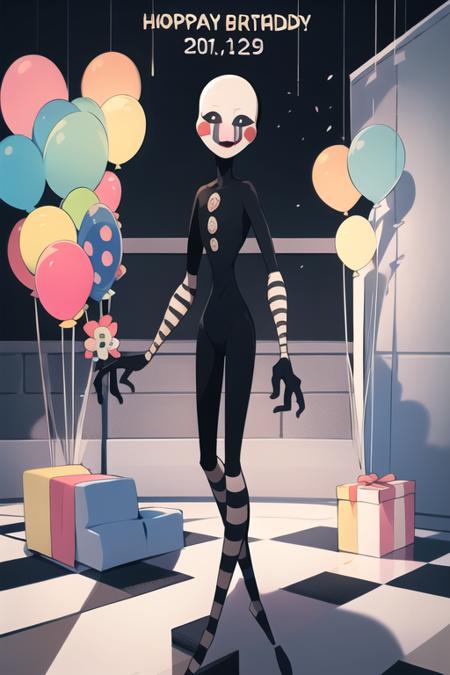 <lora:puppet-10:1> puppet, solo,  holding balloons, big birthday cake, checkered floor, masterpiece, best quality