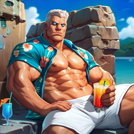 score_9, score_8_up, score_7_up, score_6_up, score_5_up, score_4_up, batou, (cybernetic eyes:1.2), 1boy, abs, bara, bare pectorals, beach, blue shirt, blue sky, cocktail, cocktail glass, cup, drinking glass, foot out of frame, hawaiian shirt, holding, holding cup, large pectorals, male focus, muscular, muscular male, navel, nipples, outdoors, pectorals, shirt, short hair, shorts, sideburns, sitting, sky, solo, thick eyebrows, veins, water, white hair, white shorts <lora:Batou-Pony-XL-v6:1>