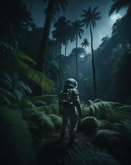Wide-angle cinematic shot of an astronaut in a prehistoric jungle at night. The scene is lit by soft moonlight filtering through thick, towering ferns and ancient trees. The astronaut, in a futuristic spacesuit, stands motionless, gazing at the sky as distant roars of dinosaurs echo through the dark jungle. The humid air creates a slight haze, and fireflies glow around. Shot with a 35mm lens, the camera captures the deep shadows and highlights with cinematic lighting, giving a sense of awe and mystery. 8K, HDR, highly detailed, photorealistic, cinematic grading.