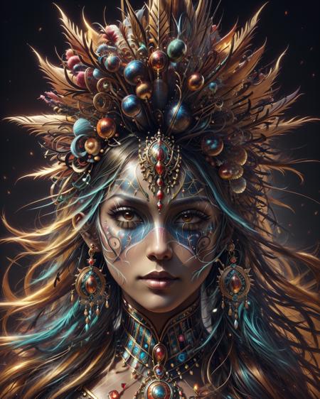 a close up of a colorful ral-elctryzt mask on a black background, digital art, by Marie Bashkirtseff, extremely detailed goddess shot, carnival on the background, detailed faces, colorful adornments, detailed digital 3d art, detailed face of a woman, colorful, symetrical detailed faces, colorful picture <lora:ral-elctryzt-sd15:1> ral-elctryzt