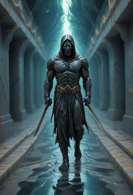 <lora:GeekyXL_Liquid_Marble:0.8>, liquid marble, close-up wolveverine man with sword bio-luminescence walking down a long corridor, central perspective, large eye (teal green iris, orange-yellow pupil) hovering above, dripping liquid, ancient stone architecture, cracked sidewalk, dramatic lighting, warm and cool color palette, stylized digital art, detailed clothing, shadow of a silhouette on the sidewalk, horizontal composition, intriguing atmosphere (lines bold: 1.2), (geometric motifs in an arcade: 1.1).