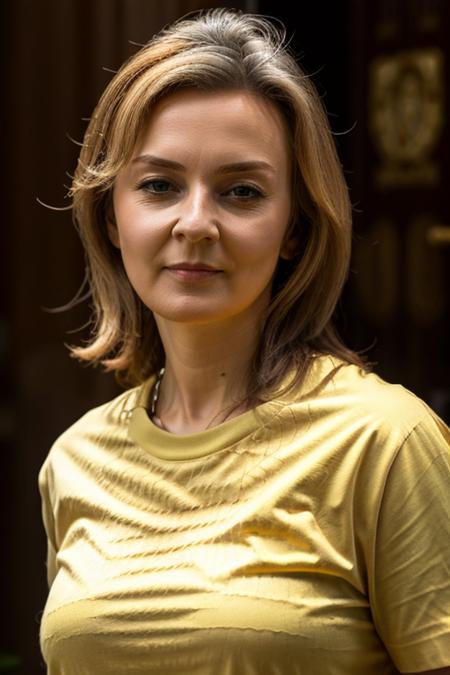 <lora:Liz_Truss:1> masterpiece, best quality, detailed face, 1woman, solo, a mature l1873t, realistic, yellow t-shirt
