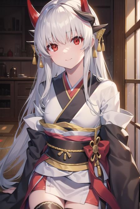 kiyohime, <lora:kiyohime-lora-nochekaiser:1>,
kiyohime, white hair, dragon girl, dragon horns, horns, long hair, (red eyes:1.5), smile, (small breast:1.2),
BREAK japanese clothes, obi, sash, thighhighs, wide sleeves, yukata,
BREAK looking at viewer,
BREAK indoors,
BREAK <lyco:GoodHands-beta2:1>, (masterpiece:1.2), best quality, high resolution, unity 8k wallpaper, (illustration:0.8), (beautiful detailed eyes:1.6), extremely detailed face, perfect lighting, extremely detailed CG, (perfect hands, perfect anatomy),