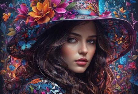 A mesmerizing mixed media masterpiece by T Mann, featuring a captivating conceptual portrait of a brunette Caucasian woman with long, cascading hair. She dons a striking wide-brimmed hat adorned with rich colors and intricate Zentangle patterns. The artist seamlessly merges the artistic styles of Anna Razumovskaya, Bernie Wrightson, Patrice Murciano, Paul Rand, Piet Mondrian, and T Mann himself, with a touch of photo-realism. The background is an enchanting landscape filled with whimsical animals, wildflowers, and elements of nature, delicately rendered with ethereal ink lines. The artwork masterfully combines vibrant, graffiti, illustration, and conceptual elements, emanating a cinematic and dark fantasy atmosphere. This stunning piece also incorporates aspects of painting, cinematic, dark fantasy, 3d render, vibrant, illustration, painting, architecture, cinematic, conceptual art, fashion, graffiti, portrait photography, product