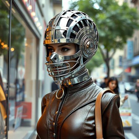 Full height view, a woman is wearing a close-fitting full face stainless steel head casing in the form of a female head made from an open framework of criss-cross strips of polished stainless steel riveted together,  it fits closely to her head and neck and shoulders like a second skin fully enclosing head and  face and  neck and  shoulders, the head casing, the head casing has two ornate eye holes and the steel neck casing is very elongated  and there is a stainless steel grill muzzle  covering her mouth (and she has a steel tethering ring through her nose:1.8), she is dressed in an elegant leather pencil skirt with high heels and a silk blouse and a fitted and tightly corseted jacket, she has a tiny and tight-laced waist, she is window-shopping on a busy street