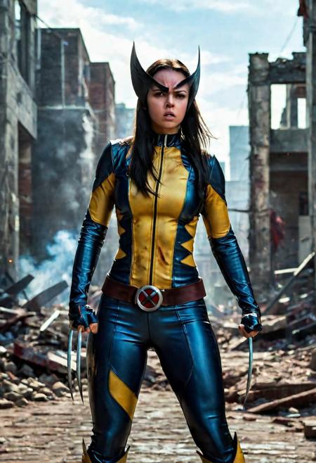 High resolution ultra-realistic of Beautiful Laura Kinney/X-23, cinematic lighting, MCU style, ultra realistic, 8K, fighting stance, X-Men style, standing among the ruins of buildings, Greg Rutkowski, Intricately Designed bloody dirty face, wavy black hair, Realistic beautiful brown eyes, gazing straight ahead, Atrractive 21 years old Dafne Keen as X-23 woman, realistic modern combat X-Men costume, dirty, bloody, beautiful firm Breasts, defiant and seductive, X-Men style, Marvel style, MCU sci-fi style, Superheroine, Standing in the middle of a dark dirty street on the City, sharp focus, digital painting, Photograph Taken on Nikon D750, Alphonse Mucha, 8K, athletic figure, Hyperdetailed, hyperrealism, aesthetics reminiscent of X-Men, Attractive, Attractive bust girl, asymmetric balance