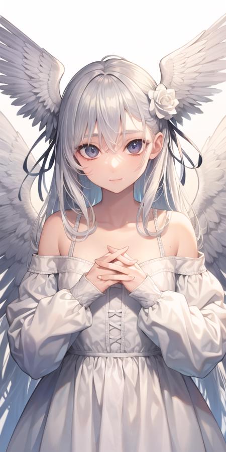 1girl, bare shoulders, bow, closed mouth, collarbone, feathered wings, flower, grey eyes, hair bow, hair flower, hair ornament, hair wings, hands on own chest, long sleeves, looking at viewer, off shoulder, own hands together, puffy long sleeves, puffy sleeves, rose, solo, upper body, white bow, white flower, white rose, white wings, wings, white theme, long hair, dress, white hair, feathers, white dress, bangs, white background, ribbon, hair between eyes, off-shoulder dress,<lora:mina_loha_v1a:1>