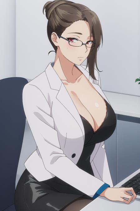 (Night:1.7), sitting in a chair with her legs crossed and her hand on her knees, 
with a computer in the background, (Upper_body),(close-Up),
Black_Shirt,pantyhose, pencil skirt,White_jacket,cleavage, collarbone, 
<lora:Doctor_world_end-KK77-V1:0.7>,office lady,<lora:Akira_Todo_World_End-KK77-V1:0.1>,<lora:Riko_KIRIHARA_World_End-KK77-V1:0.1>,
brown hair,red eyes, black-framed eyewear,hair bun,swept bangs, 
1 girl, 24yo,mature female,Beautiful Finger,Beautiful long legs,Beautiful body,Beautiful Nose,Beautiful character design, perfect eyes, perfect face,
looking at viewer, in the center of the image,
NSFW,official art,extremely detailed CG unity 8k wallpaper, perfect lighting,Colorful, Bright_Front_face_Lighting,
(masterpiece:1.0),(best_quality:1.0), ultra high res,4K,ultra-detailed,
photography, 8K, HDR, highres, absurdres:1.2, Kodak portra 400, film grain, blurry background, bokeh:1.2, lens flare, (vibrant_color:1.2)
(Beautiful,large_Breasts:1.4), (beautiful_face:1.5),(narrow_waist),