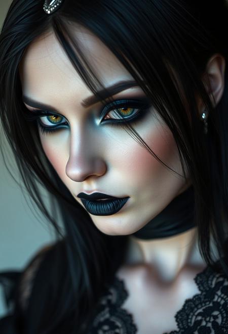 closeup portrait of goth vampire-esque woman goddess ATHENA mid 30s, thin fit, big boobs, jet black sleek hair, dramatic smokey eye makeup, high-neck black silken top, black lipstick, subtle tear-shaped face jewel, soft moonlight on pale skin, photorealistic  
closeup, photorealism, black hair, big boobs, thin fit, smokey eye, lace top, black lipstick, moonlight, one eye looks like an owls, golden  iris 
fullbigttgothgflady-mk.1