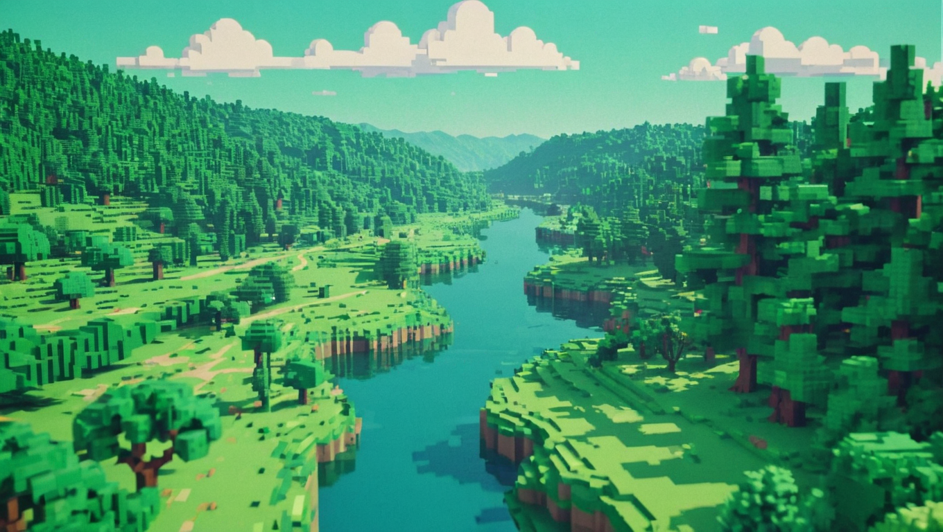 The camera opens on a lush, pixelated landscape, a wide-open world of blocky trees, hills, and rivers, landscape, 80s movie<lora:vhs_footage_4-10:1.0>