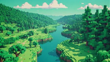 The camera opens on a lush, pixelated landscape, a wide-open world of blocky trees, hills, and rivers, landscape, 80s movie<lora:vhs_footage_4-10:1.0>