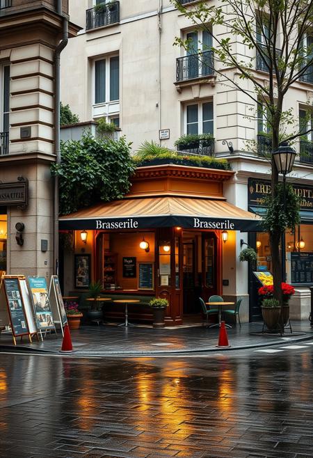 A beautifully lit and composed professional photograph of a Parisian brasserie on a bustling street corner, the restaurant is an oasis from the busy street, tucked in and cozy off the street next to a flower shop, wet cobblestones, high resolution, early morning rain, weathered limestone and details, fine details of plants and trees, ultra realistic modern day scene, early morning sun