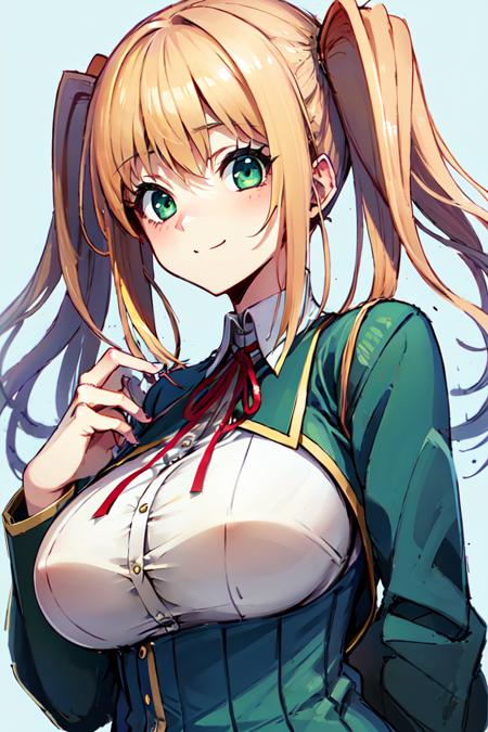 1girl, koichoco school uniform, green jacket,  large breasts,  breasts, blonde hair, twintails, short hair, green eyes  smile , upper body  <lora:koichoco-v1:1>