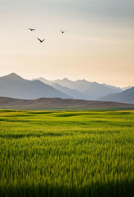 Framed by the tall stalks of wheatgrass swaying gently in the breeze, the mid-journey scene unfolds with a tranquil allure. Shot through the lens of a Canon EOS R5 with a 35mm f/1.4L lens, the beige aesthetic color tones of the landscape evoke a sense of rustic serenity. In the distance, majestic mountains rise, their peaks kissed by the soft light of the setting sun. Against the seamless sky, a lone bird soars, a tiny silhouette amidst the vast expanse, adding a touch of whimsy to the scene. The combination of the golden wheatgrass, distant mountains, and solitary bird creates a composition that speaks to the timeless beauty of nature.