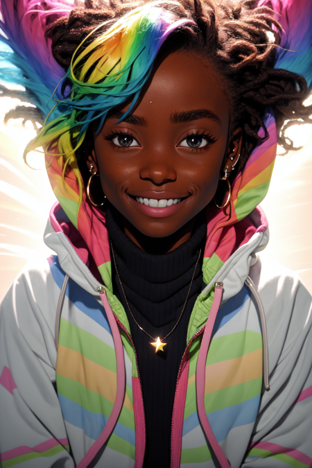 Niji Pride, 1girl, solo, blush, smile,  brown hair, shirt, jewelry, blue hair, jacket, upper body, multicolored hair, earrings, green hair, teeth, dark skin, hood, necklace, star (symbol), dark-skinned female, hoodie, turtleneck, hooded jacket, black sweater <lora:nijipride:1>