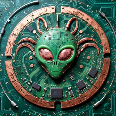 an alien relic resembling a fragmented PCB disk, glyphs etched into copper pads, traces forming cryptic diagrams, embedded quartz and resistors pulsing in rhythmic light, background pulsating with EM echoes, pcb_style