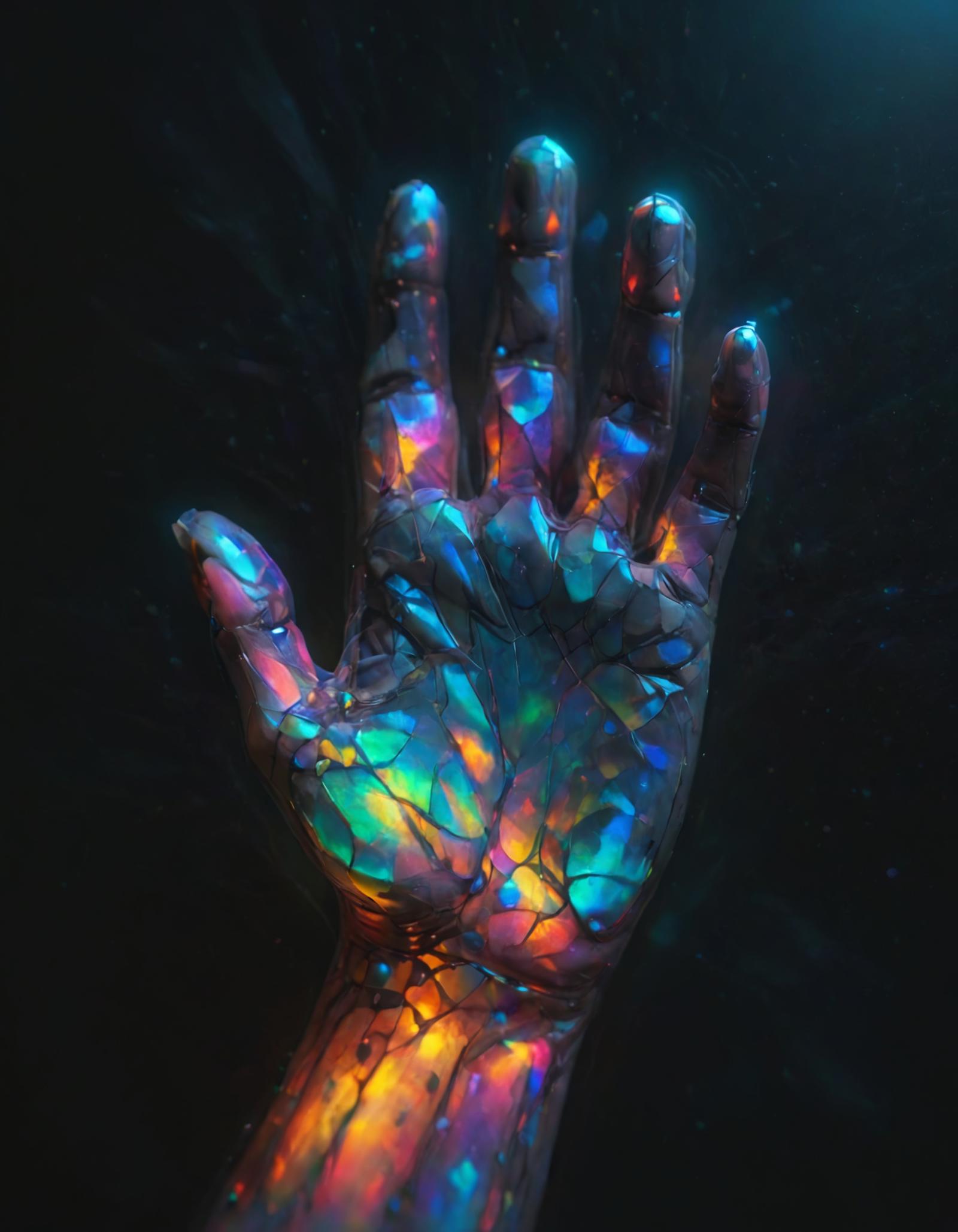 A hand with blue, green, and purple colors on it.