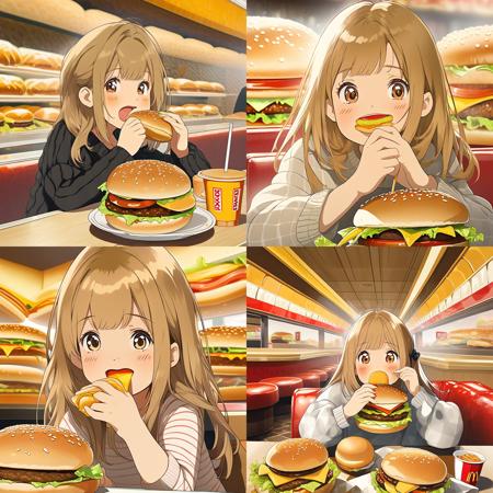 best quality, high quality, absurdres,  1girl eating a hamburger at MacDonald's