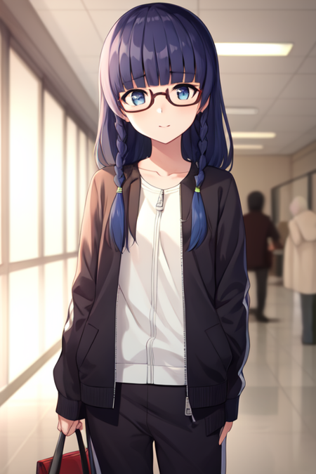 shimazakisetsuna, blunt bangs, glasses, twin braids, 1girl, solo, tracksuit, jacket,