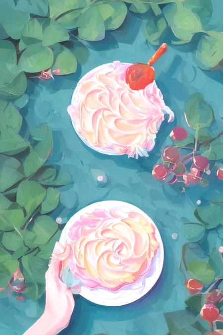 crl_fd6  style, masterpiece, best quality, extremely detailed, detailed background, detailed pastel colors, illustration, watercolor, paint splatter, cake, dessert, fruits, dripping paint