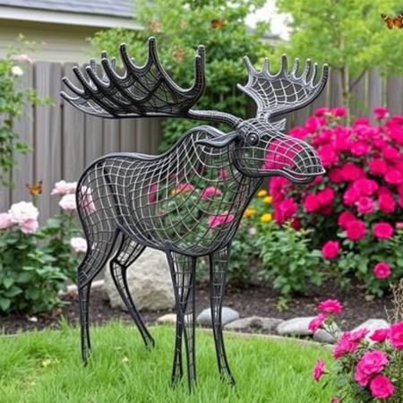 backyard garden, a sculpture of a moose made entirely out of hexagonal chicken wire, some rosebushes and butterflies in the background